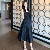 Dress Women Folds Design Solid Sexy Girls A-line College Stylish Korean Fashion Midi Spaghetti Strap Simple
