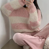 Fongt Chic Autumn/Winter Vintage Lazy Loose Round Collar Ctriped Striped Knitted Jerseys On The Head Of The