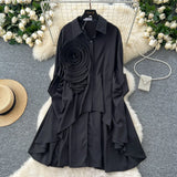 Fongt Version Of High-End Sense Polo Collar Shirt Women Autumn Three-Dimensional Flowers Loose Irregular Folding Tail Design Top