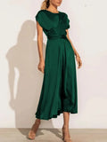 Women's Dress Elegant Satin Silk Green Office Ladies Lace-up Midi Dress Chic Evening Party Dresses for Women 2023 New-Outfit