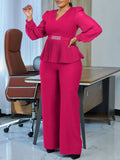 Fongt Women's Elegant Fashion Office V-Neck Long Sleeves Folded Waist Tops Wide-Legged Trousers All-Legged Set