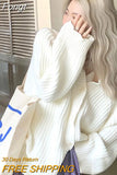 Harajuku White Knitted Cardigan Women Vintage Oversized Hollow Out Sweater Lazy Style Casual Knitwear Tops High