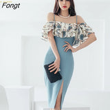 Han Queen Elegant Sexy Suspenders Pencil Dress Women Korean Slim Printed Patchwork Sheath Dresses Party Bodycon Vestido