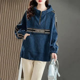 Korean Letter Spliced Pullovers Autumn Winter Women's Clothing Hooded Zipper Chic Drawstring Casual Pockets Sweatshirts-Outfit