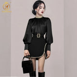 Korean Ladies Light Luxury Design Two Piece Suit Lantern Sleeve Beading Top High Waist Slim Short Skirt