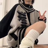 Streetwear Y2k Zip Sweater Cardigan Women Retro Grey Striped Patchwork Oversize Letter Jumper Korean Style Knitted