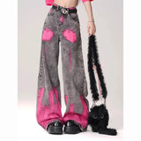 Fongt Street Graffiti-Print Straight Jeans Women High-Rise Thin Legs Loose-Fall Tug On The Ground Long Pants Tide
