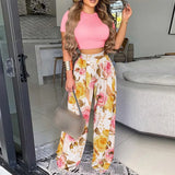Fongt 2024 New Women's Fashion Commuter Short T-Shirt With Waist Print Wide-Leg Pants Fashion Suit