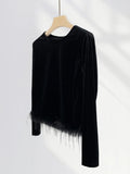 Fongt Pull Full Feather Decorative Atmosphere Top Early Spring New Black Velvet French Long-Sleeve T-Shirt-Outfit