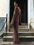 Fongt New Women's Pure-Colored Round-Neck Long Sleeves To The Wooden Ear Dress