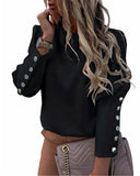 Work Wear Women Blouses Long Sleeve Back Metal Buttons Shirt Casual O-Neck Plus Size Size Tops Fall Blouse Office