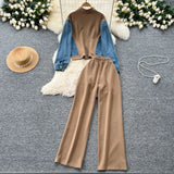 Fongt Suit Women's Port Wind Casual Colliding Color Splicing Collar Zipper Fake Two-Piece High-Waisted Cowboy Broad Leg Trousers