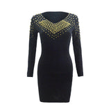 Autumn And Winter Women's Wear Popular Sexy V-Necked Nail Beaded Hip Long-Sleeved Knitted Dress-Outfit
