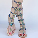 Flats Sandal Gladiator Gold Rhinestone Knee High Buckle Strap Woman Boots Crystal Beach Shoes Plus size