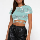 Fashion Street Stripes Leopard Printed Open Back T-shirts Women Summer Stylish Pullovers O Neck Tie Up Slim Fit Crop