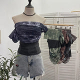 Fongt Shooting Can Wear Two-Wear Art Dizzy Net Yarn Spliced A Word Shoulder T-Shirt To Repair The Chest Short Babes Top 1131