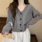 Autumn New Xiaoxiangfeng Solid Color Age-Reducing Casual Sweater Twist Loose V-Necked Cardigan-Outfit