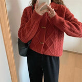 Fongt Horn Buckle Twist Restore Ancient Ways Sweater Women's Korean Version Cardigan New Style Loose Foreign Style Knit Coat Female-Outfit