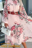 Women Elegant Floral Print Chiffon Dress Fashion O Neck Long Sleeve Beach Dress Ladies Casual Long Sleeve A-Line Dress
