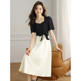 Fongt Collar Splicing Dress Women 2025 Summer Dress New Fashion Temperament Thin Design Small Bubble Sleeve Long Dress