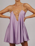 Solid Hollow V-neck A-line Mini Flared
