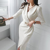 Fongt Able Temperament Dress 2025 New Korean Style V Collar Mid-Pack Hip Bottom Dress