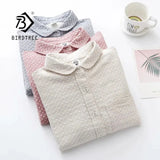 New Women Cotton Turn Down Collar White Shirt Long Sleeve Pockets Dot Blouse Button Up Loose Spring Casual Tops