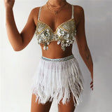 Sequined Two Piece Set Women Spaghetti Strap Diamante Bra Crop Top Tassel Waist Chain Latin Dance Performance 2 Pcs
