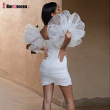 Flying Sleeve Off Shoulder Evening Party Dress Pleated Summer Women Ruffle Dress Solid Backless Sexy Bodycon Mini