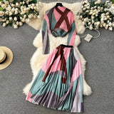 New Advanced Casual Women's Elastic Long Sleeve Pleated Top+High Waist Pleated Half Skirt Printed Skirt 2-piece Set-Outfit