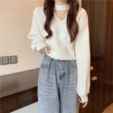 Fongt Languid Wind Shows Thin Casual Solid Color Knitting Inside The 2024 New V-Collar Loose Lantern Sleeve Sweater Female-Outfit