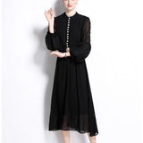 Fongt High-End Elegant Dress Spring New Fashion Metal Buckle Waist Thin Lantern Sleeve Chiffon Long Dress