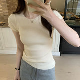 Version Of Simple Knitted Short-Sleeved T-Shirt Women's Spring And Summer New Minority Design Slim Full-Color Blouse-Outfit
