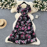Fongt Famous Breeze Mashed Flowers Bubble Sleeves With Dress Women Summer Waist Repair Royal Sister Temperament Beautiful Long Dress