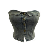 Fongt With Chest Cushions Denim Bra Sleeveless Top Single Buckle One-Pack Short Vest 2738
