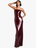 Burgundy Sequin Tube Maxi Dress With Off-shoulder Feather Shawl Set-Outfit
