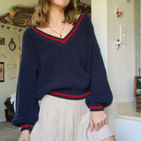 V-neck Patchwork Sweater For Women New Drop Shoulder Lantern Sleeves Casual Oversized Pullover Female Autumn
