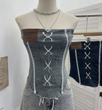 Fongt Sexy Water Wash Denim Pocket Spliced Lace Bra Design Without Strap Vest 2753