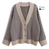 V-neck Button Stripes Sweater Long Sleeve Christmas Cardigan Sweater Knitted Loose Oversize Jumper Tops Jacket Coat