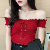 Slash Neck Cropped T-shirt Female Short Sleeve Sexy Knitted Laced Up Stretchable TShirts Crop Tops For Woman Summer-Outfit