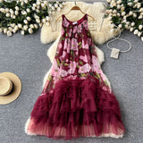 Fongt Retro Court Style Design With A Sense Of Fashion Print Splicing Mesh Tau Pong Irregular Lotus Leaf-Side Dress Woman
