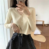 Women V-Neck Knitted Casual Short Sweaters Cardigans Lady Full Sleeve Thin Cardigan Outwear Crop Top for Female-Outfit