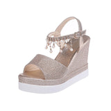 New Women Wedge Sandals Summer Bead Studded Detail Platform Sandals Buckle Strap Peep Toe Thick Bottom Casual Shoes