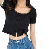 Fongt Retro Girl Soft Lace Collar Knitted Jersey High-Waisted Short-Sleeved T-Shirt