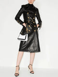 QUALITY Newest 2023 Fall Winter Designer Trench Women's Double Breasted Lion Buttons Synthetic Leather Long Trench
