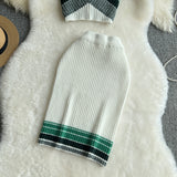 Fongt New Contrast Color Knit Hanging Neck Halter Jacket High Waist Slim Wrap Buttock Skirt Two Suits-Outfit