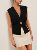Fongt Women's Elegant Casual Knitted Vest Deep V Collar Simple Fashion Commuting Temperament Top