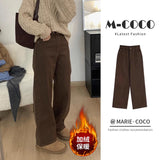 Fongt Brown Plus Velvet Jeans Women's Autumn And Winter High-Waisted Thin Straight Barrel Loose Broad Legs Long Trousers