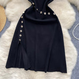 Fongt Temperament Half-High Collar Short-Sleeved Dress Female Design Button-Skinny Open Fork Medium Long Knitting Skirt