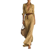 Fongt Women's Autumn Elegant Temperament Sexy Solid Color Irregular Folds Containing Belt Dress